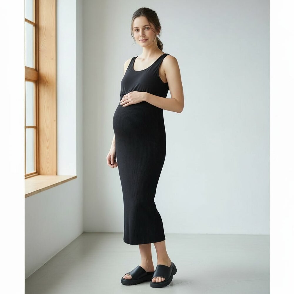 Seraphine Maternity Body Con Sleeveless Black Maxi Dress Size 6